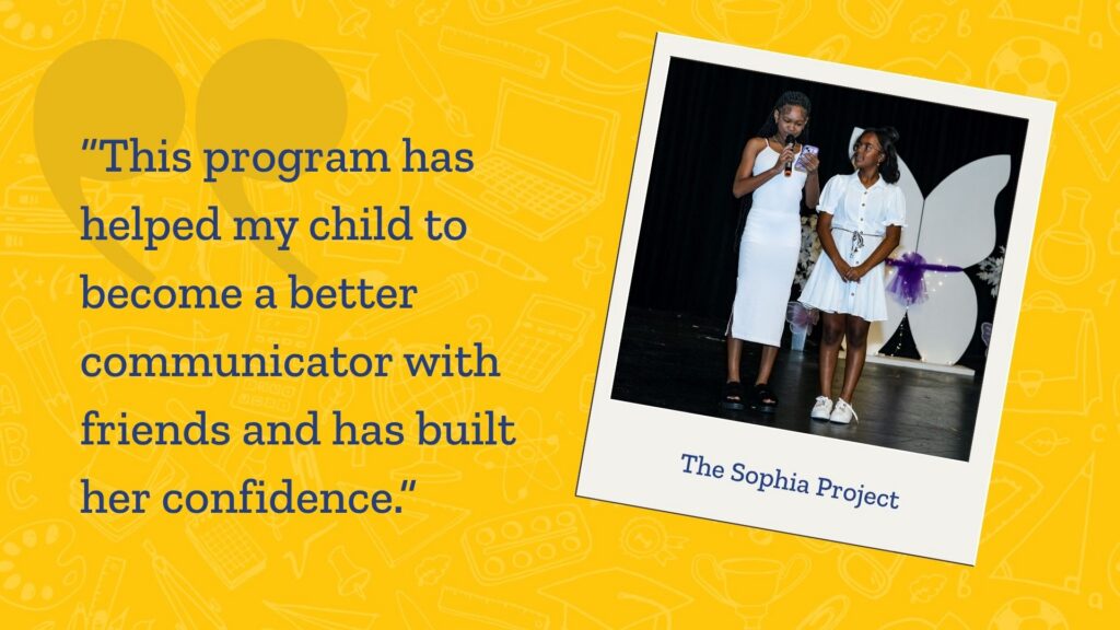 A graphic showing a photo of two girls giving a speech on stage at The Sophia Project summer camp next to the quote: This program has helped my child to become a better communicator with friends and has built her confidence. 
