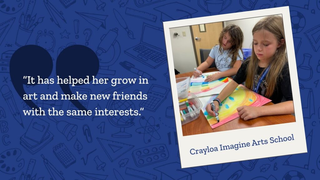 A graphic showing two girls coloring at the Crayola Imagine Arts School next to the quote: It has helped her grow in art and make new friends with the same interests