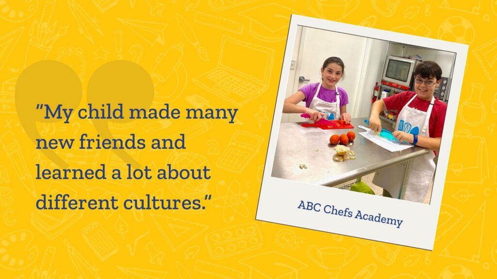 A graphic showing two kids working on cutting up vegetables at the ABC Chefs academy summer camp next to the quote: My child made many new friends and learned a lot about different cultures.