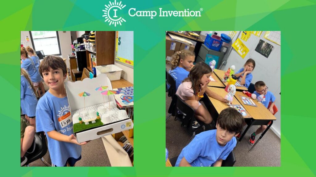 Two photos on a green background with the Camp Invention logo. The photo on the right is of a boy showing off a diorama he made during summer camp. The photo on the left shows campers sitting at a grouping of classroom desks with projects on the table. 